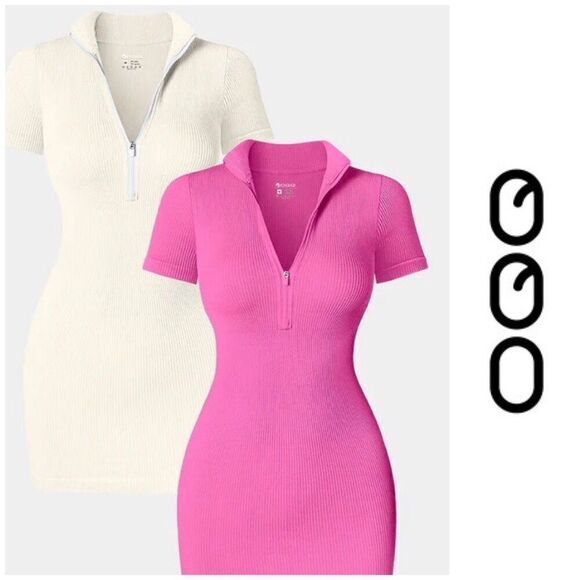OQQ - 🎉HP🎉 NWT 2-Piece BodyCon Ribbed Zip-Front Short Sleeve Minis/Rose/Cream - Picture 1 of 16